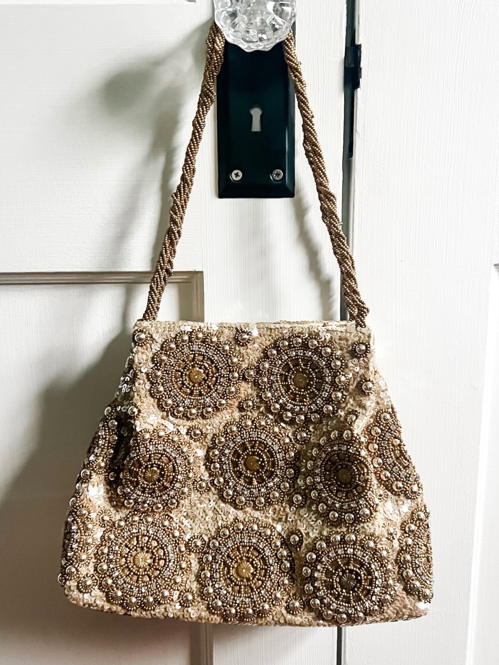 Beaded Sequined Evening Bag in Gold and Beige